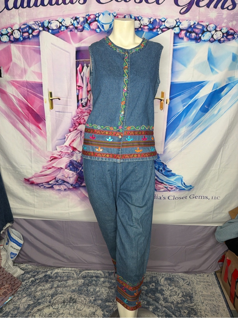 Vintage Embroidered Denim Tank Jumpsuit - Blue